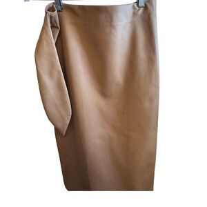 Faux Leather Midi Skirt with Tie Waist Detail - Tan Pencil Skirt Size S Beige